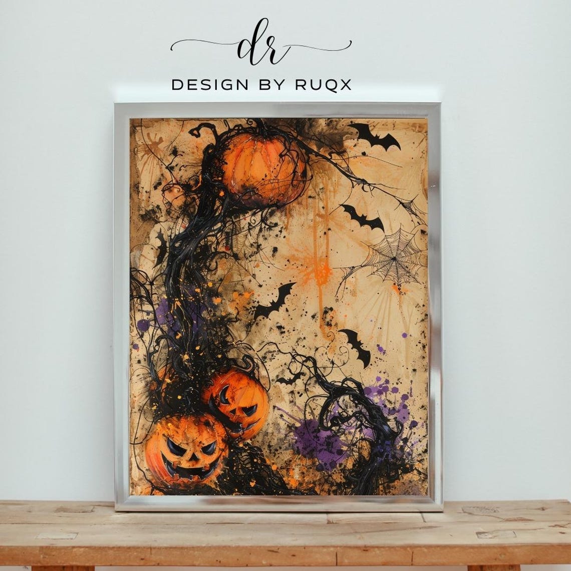 Spooky Pumpkins Bats And Spiderwebs Grunge Halloween Art Poster