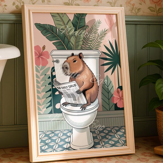 Funny Capybara on Toilet Reading the Daily Grub Bathroom Poster