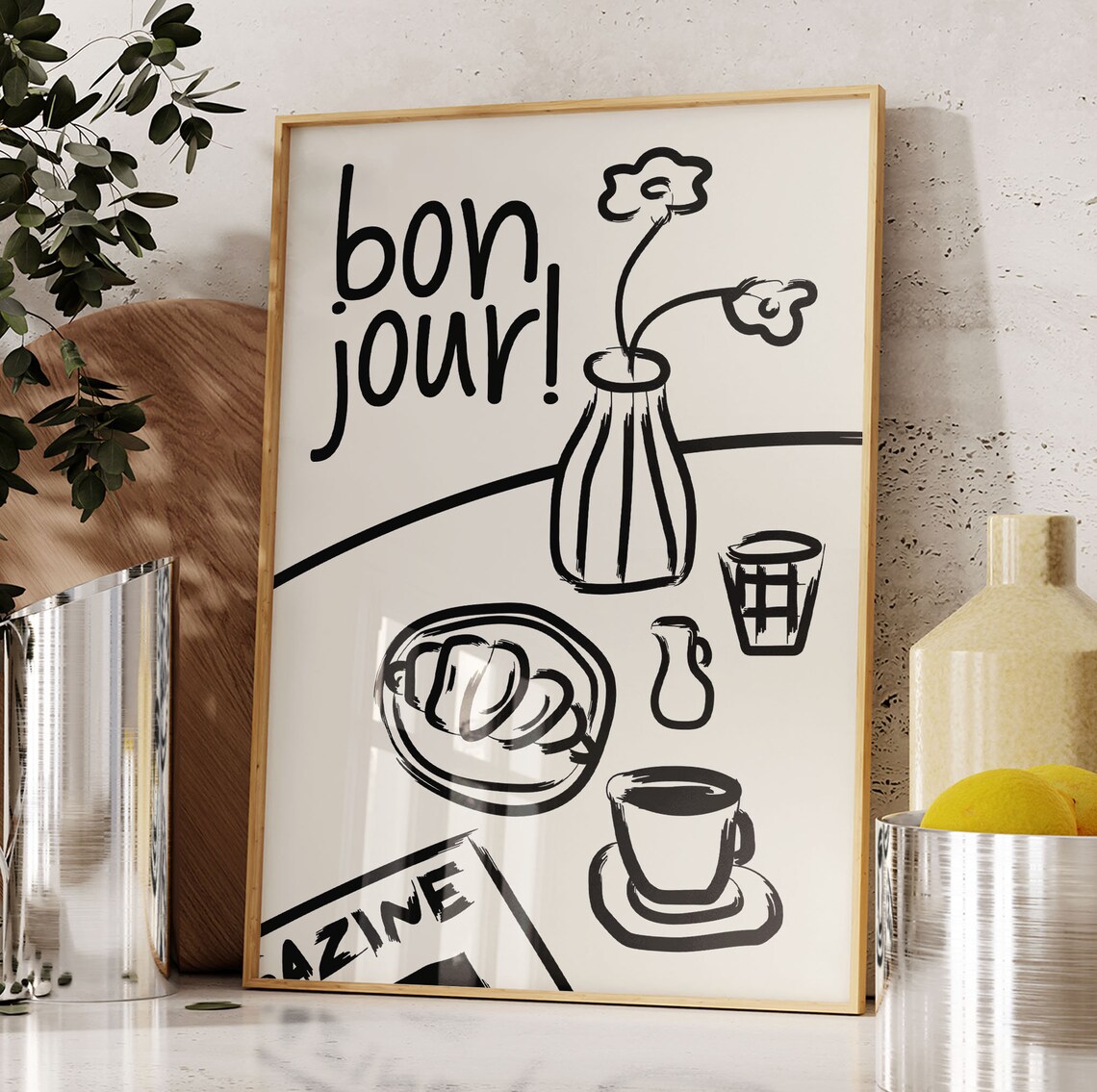 Bon Jour Bold French Breakfast Coffee Croissant Black Ink Poster - Image 4