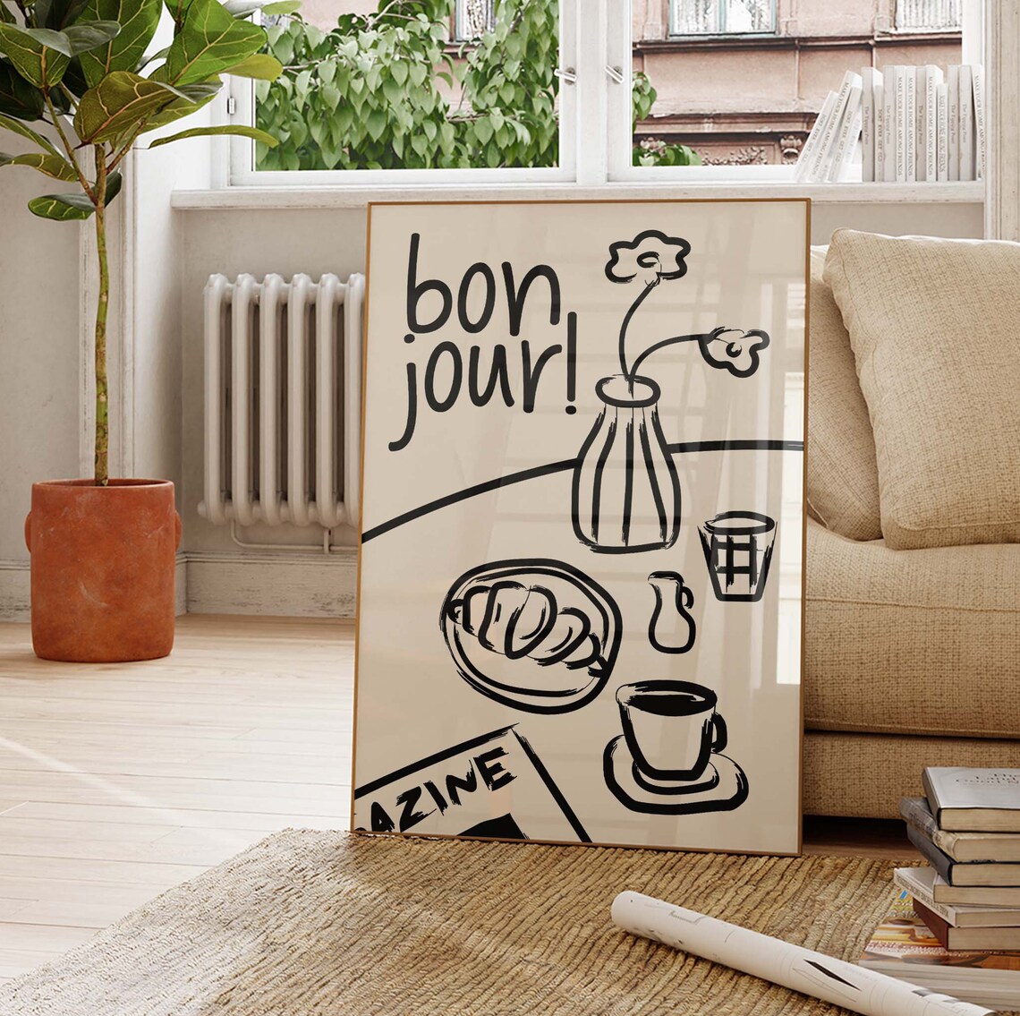 Bon Jour Bold French Breakfast Coffee Croissant Black Ink Poster - Image 3