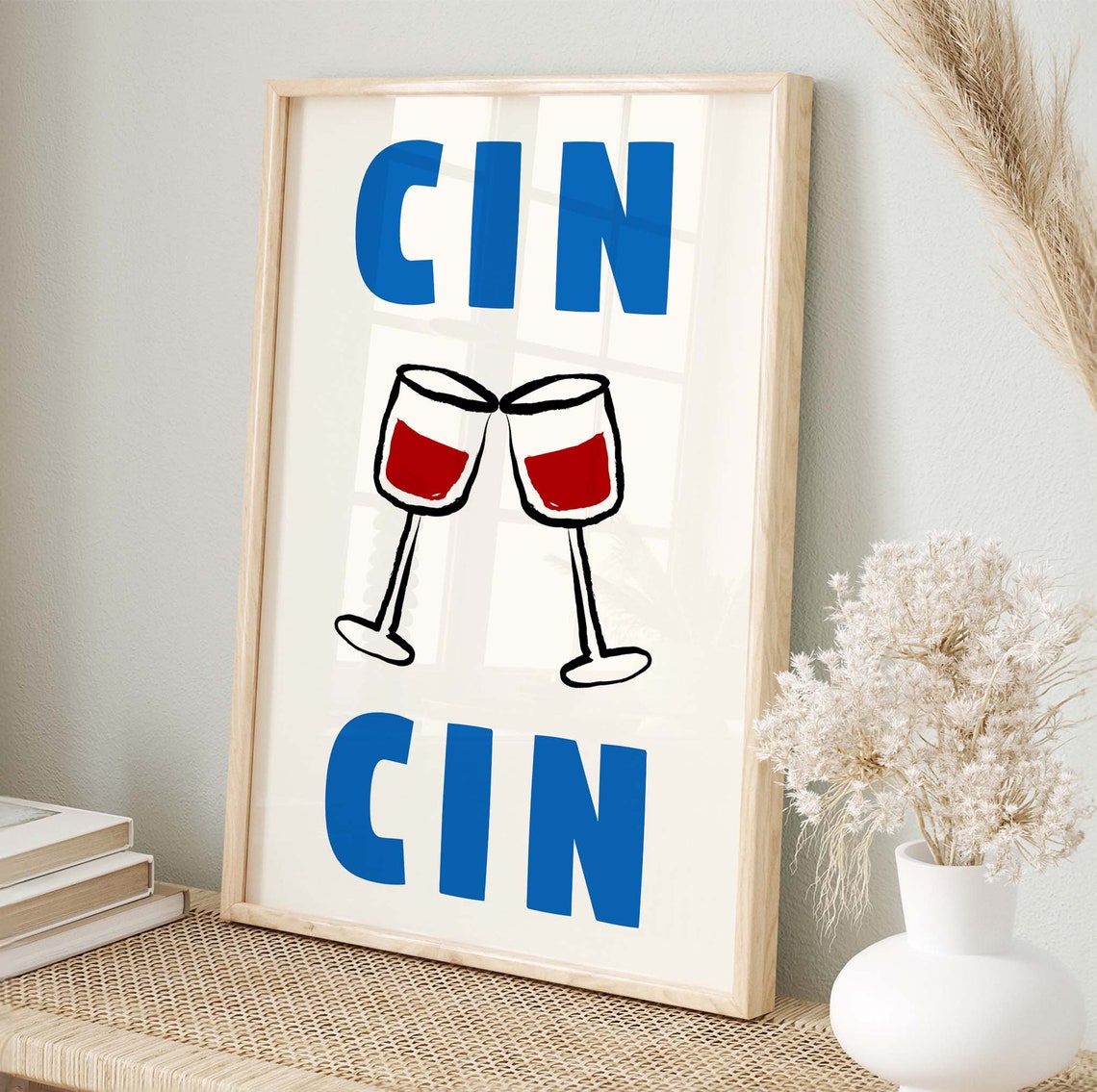 Cin Cin Bold Wine Glasses Cheers Red Blue Kitchen Bar Poster - Image 2