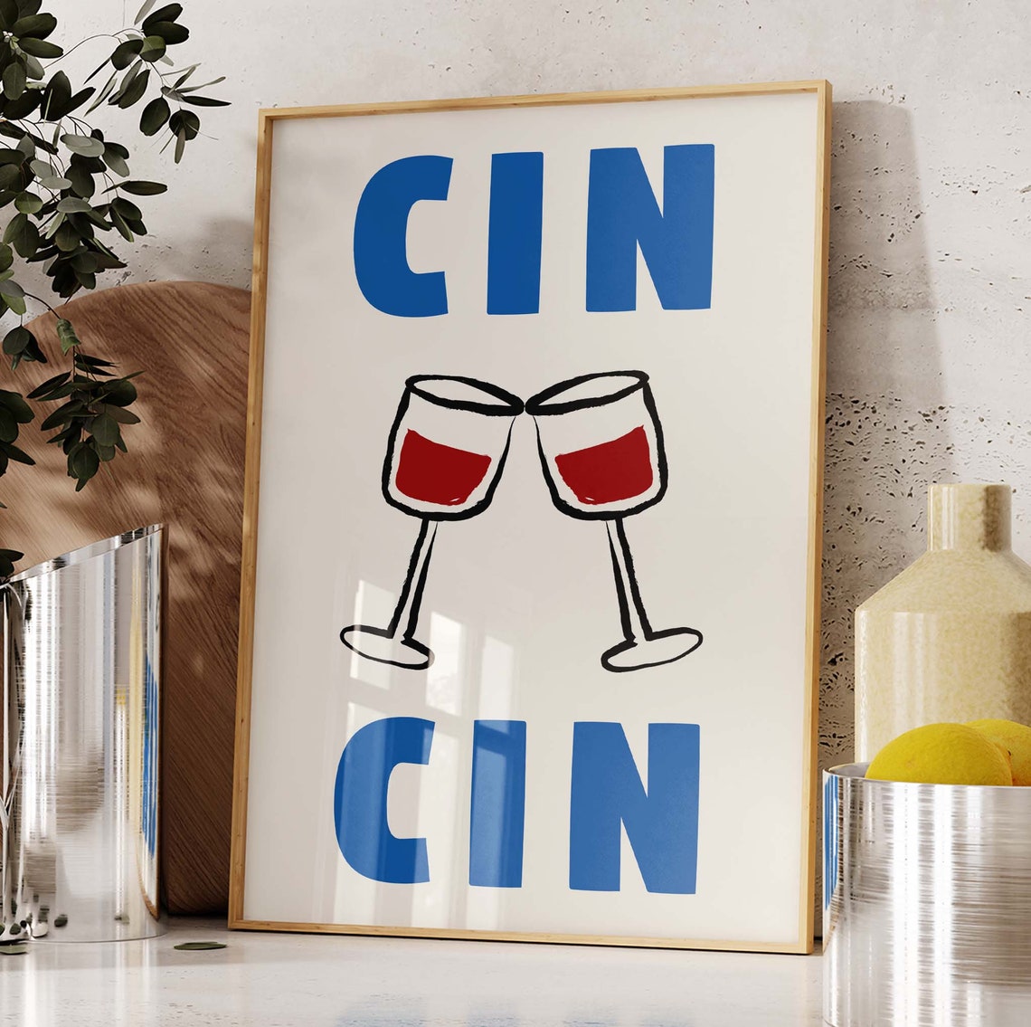 Cin Cin Bold Wine Glasses Cheers Red Blue Kitchen Bar Poster - Image 3
