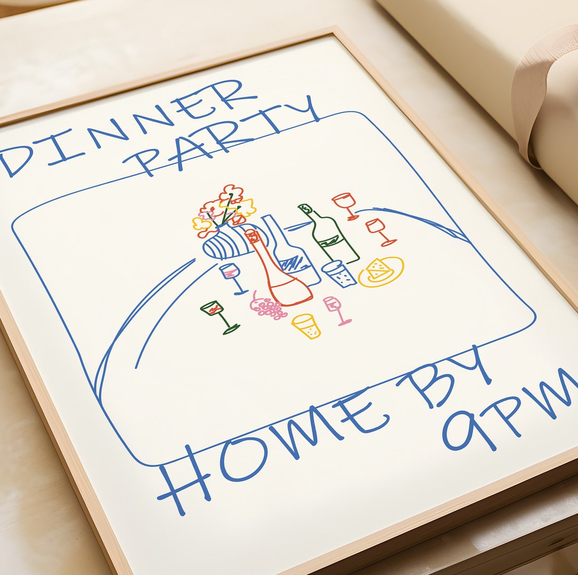Dinner Party Home by 9PM Funny Line Art Dining Table Art Poster - Image 3