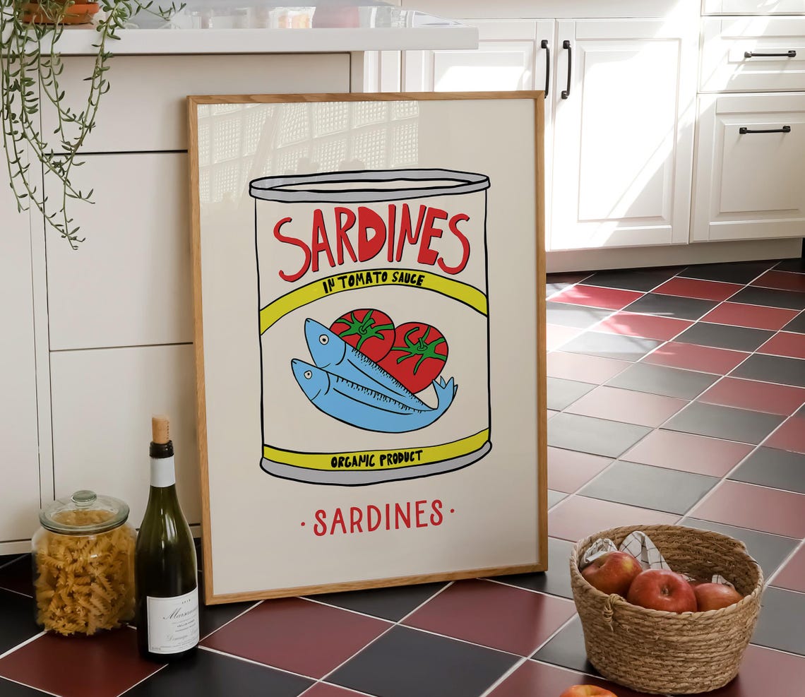 Sardines In Tomato Sauce Retro Tin Can Kitchen Illustration Poster