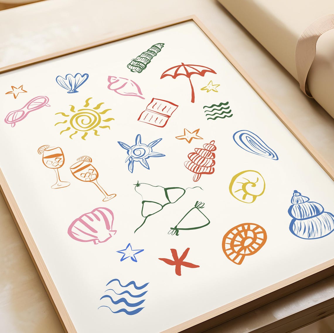 Colorful Hand Drawn Coastal Beach Doodles Summer Icon Poster - Image 4