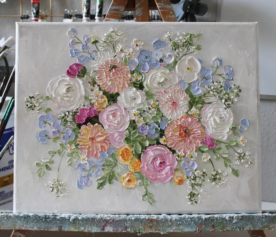 Bridal Bouquet Spray Oil Impasto Painting Custom Flower Original Painting Anniversary Flowers Baby Showers Florals Frame Not Included - Image 2