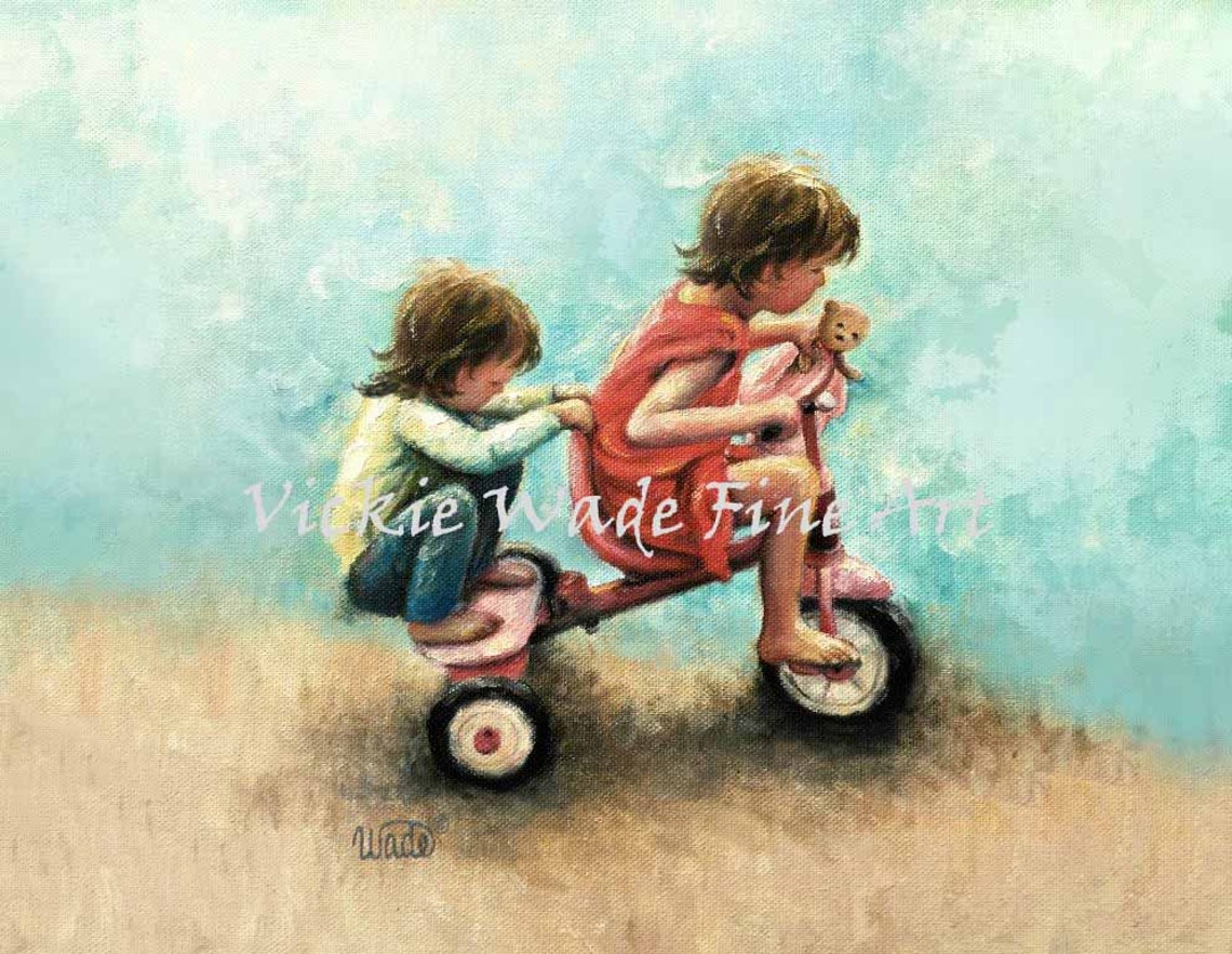 Two Children Sharing Pink Tricycle Ride with Teddy Bear Poster