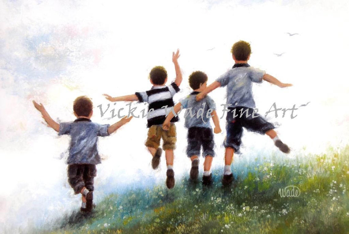 Four Brothers Leaping Joyfully Together in a Grassy Field Poster