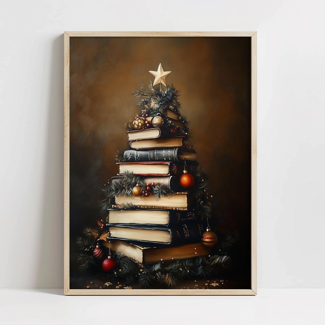 Vintage Books Christmas Tree Star Holiday Library Decor Wall Print
