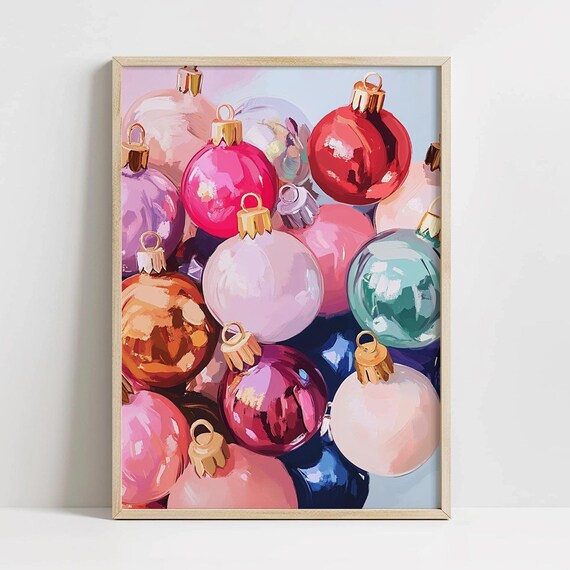 Colorful Christmas Ornaments, Winter Decor Art Print