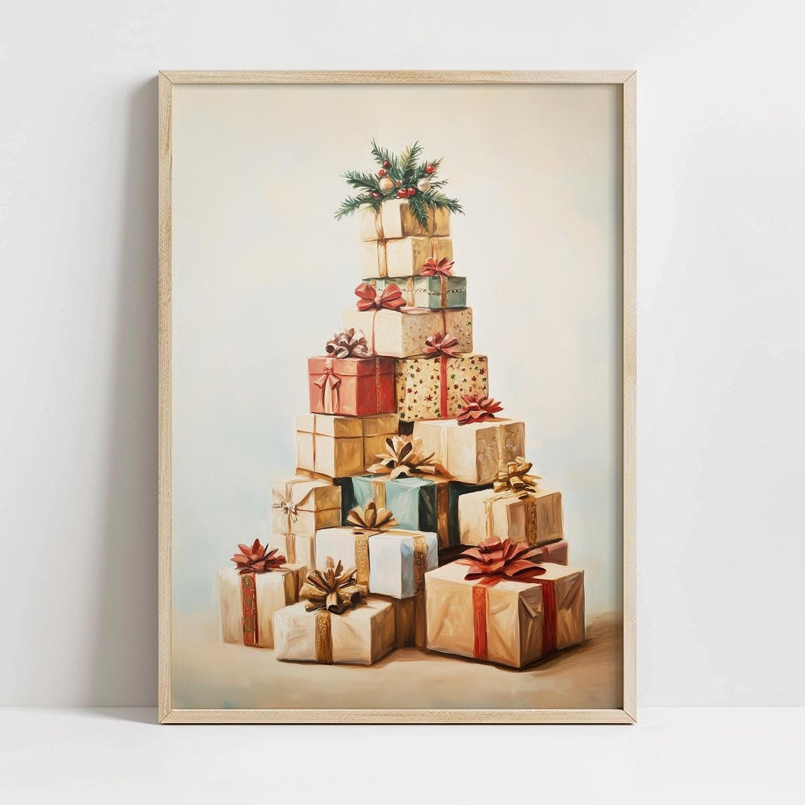 Vintage Christmas Gifts Painting Holiday Wall Art Festive Holiday Home Decor Print Traditional Christmas Presents Art Print