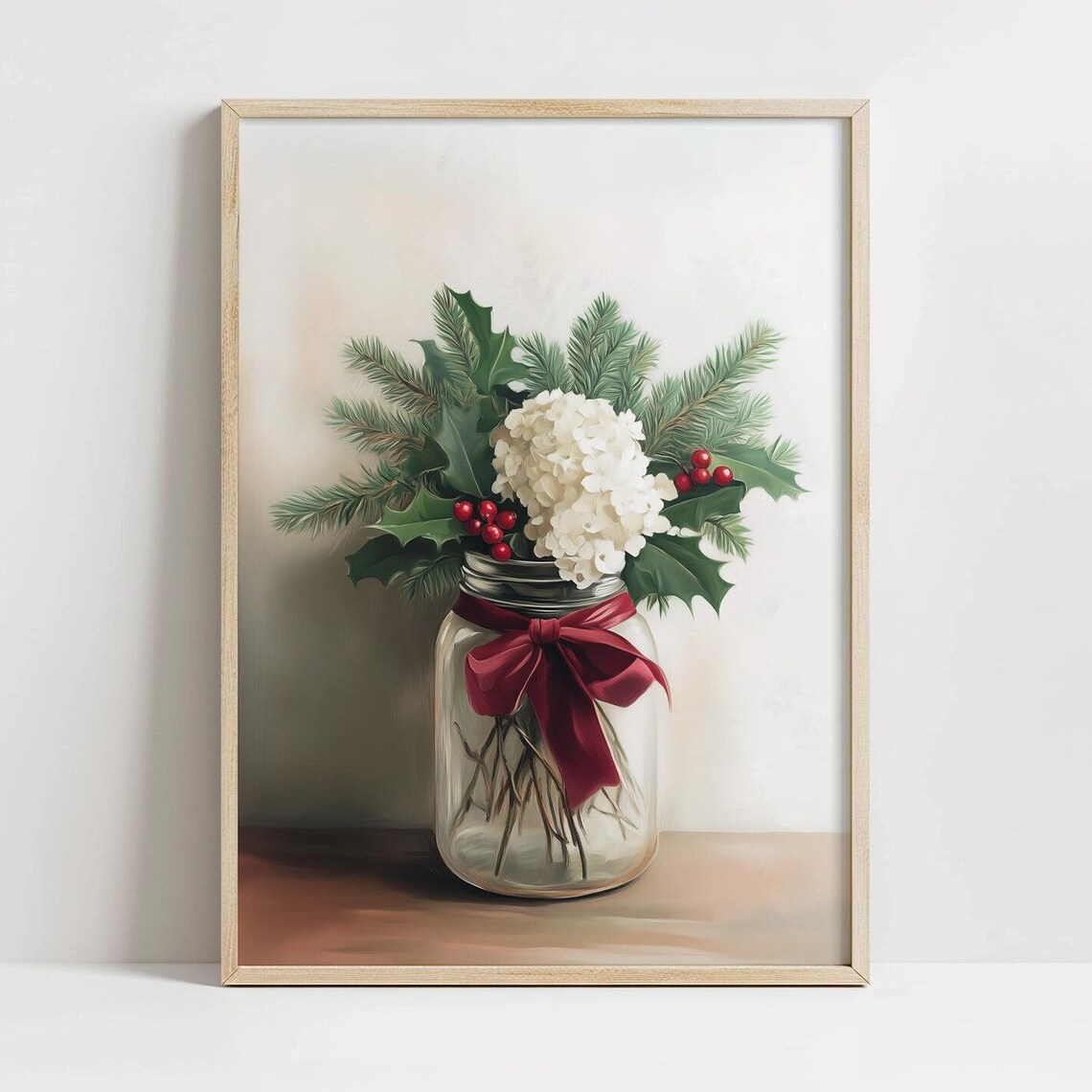 Rustic Mason Jar White Hydrangea Holly Berry Christmas Bouquet Poster