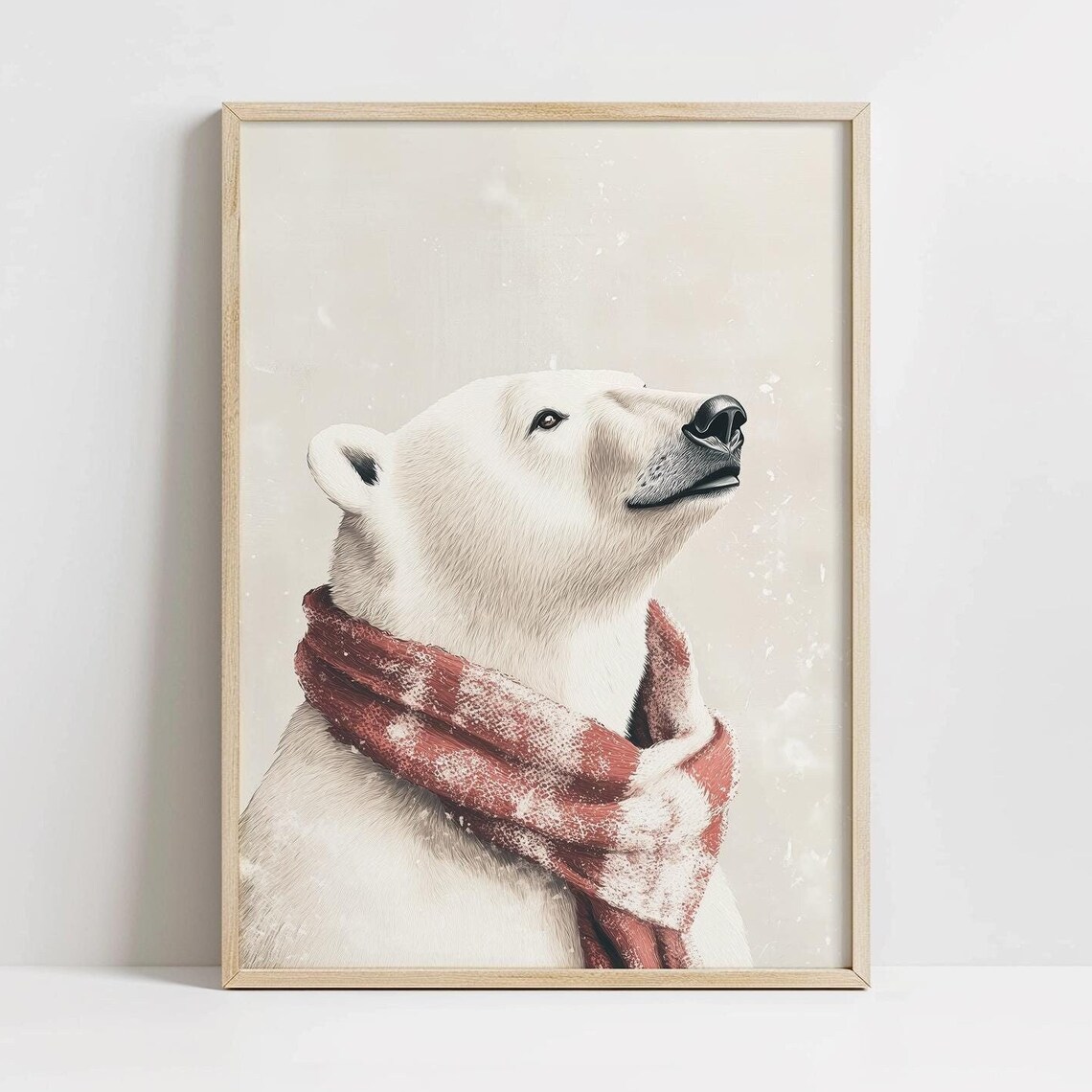 Polar Bear Red Scarf Snowy Portrait White Winter Wildlife Art Poster