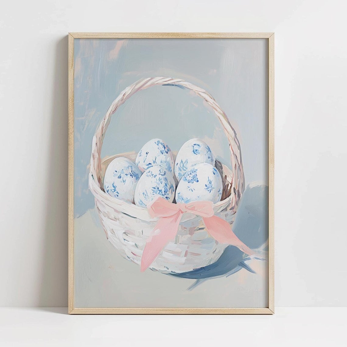 Blue Floral Easter Eggs White Basket Pink Bow Oil Art Poster