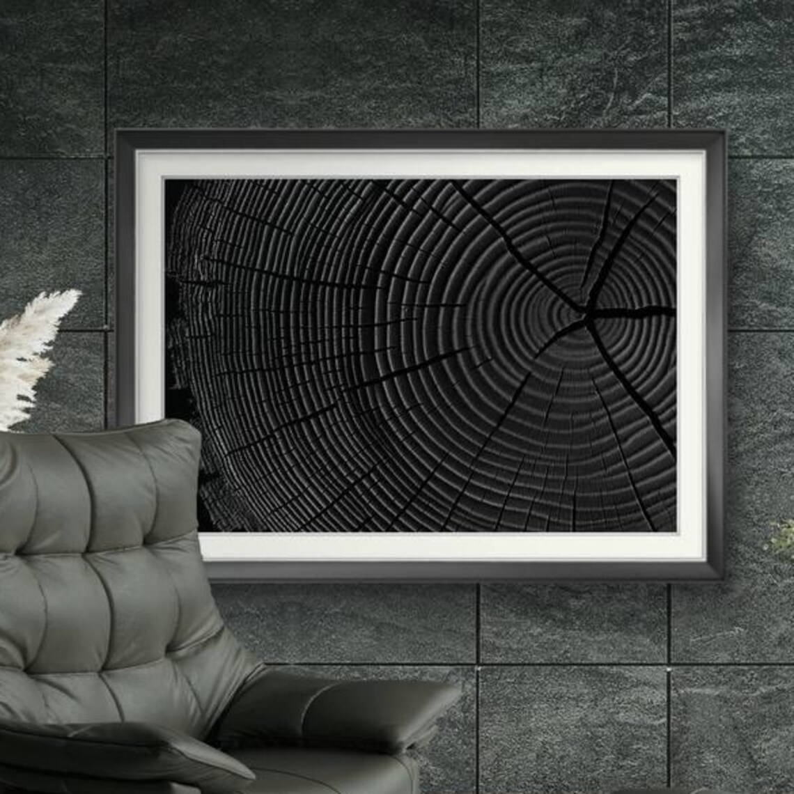 Charcoal Black Wood Tree Rings Dark Moody Cracked Abstract Wall Art
