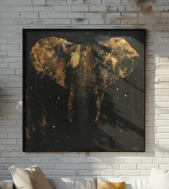 Gold Leaf Elephant Portrait Black Background Abstract Art Poster