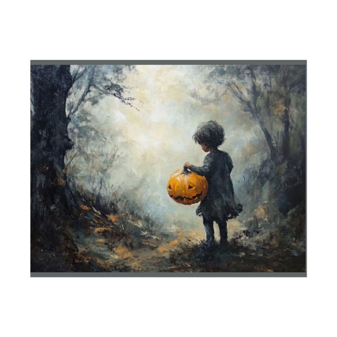 Child With Jack O Lantern Walking Through Foggy Woods Art Poster - Image 2