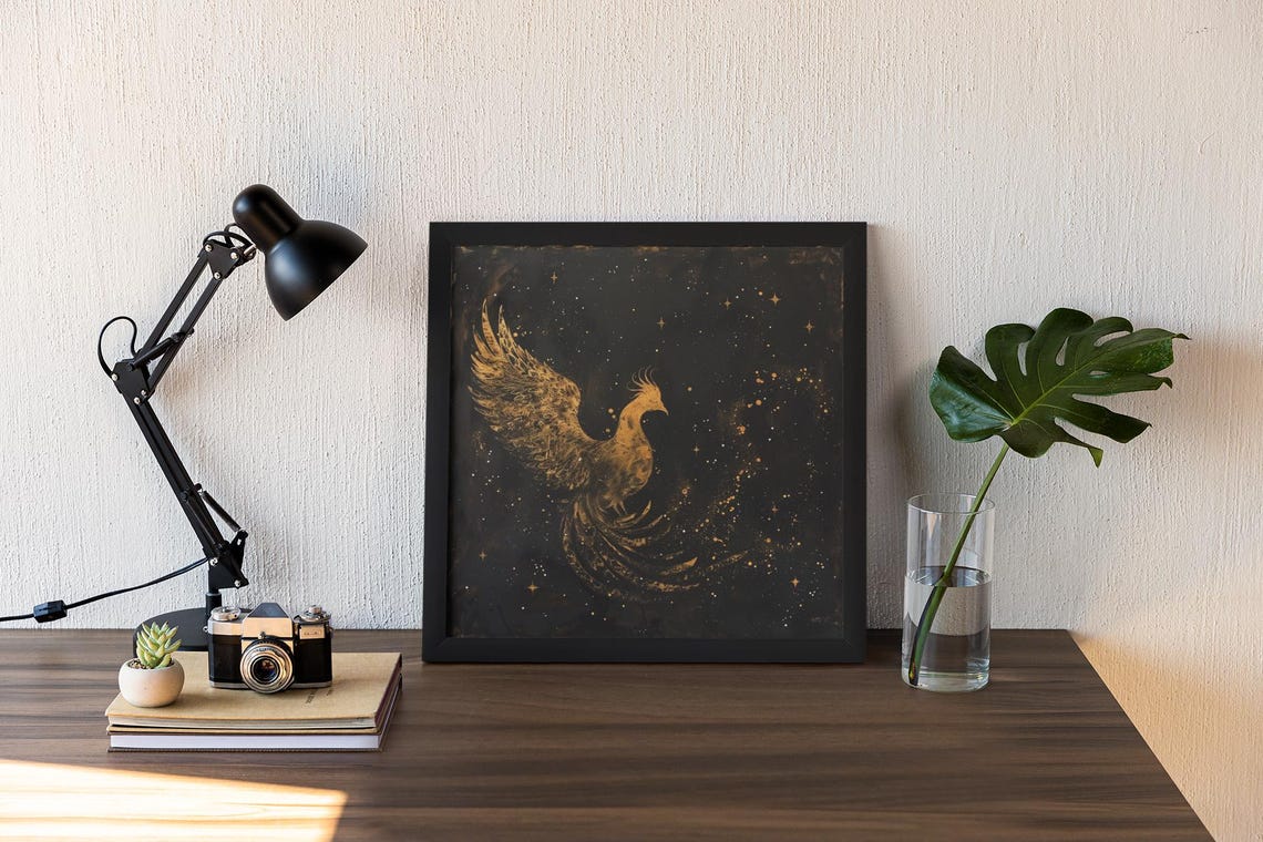 Gold Phoenix With Spread Wings Black Night Sky Painting Poster - Image 2