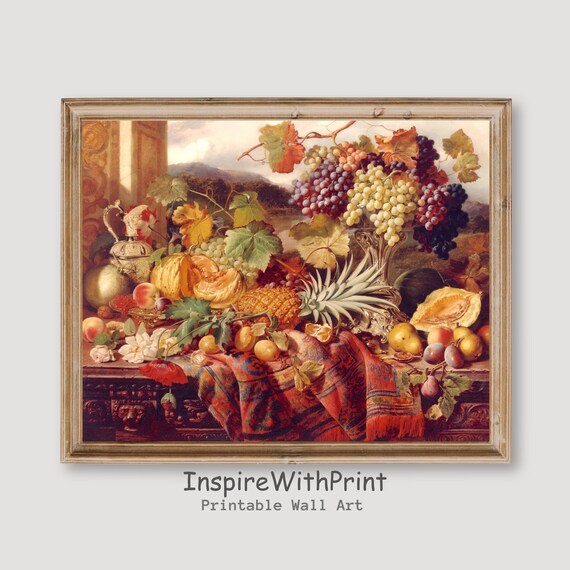 Autumn Fruit Harvest Still Life Grapes Peach Classic Oil Painting Wall Art