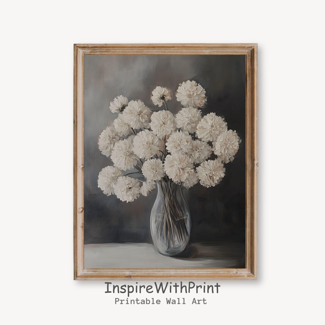 White Chrysanthemum Bouquet Moody Gray Still Life Floral Art Poster