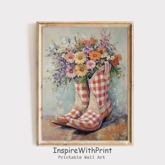 Gingham Cowgirl Boots Filled With Wildflowers Western Art Poster
