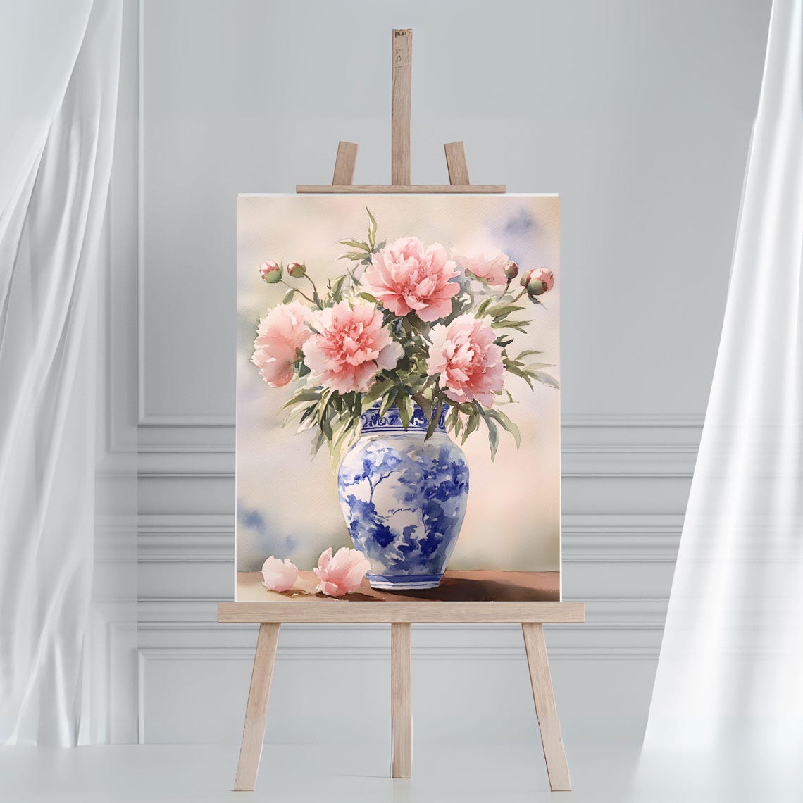 Pink Peonies in a Blue and White Chinoiserie Vase Watercolor Print