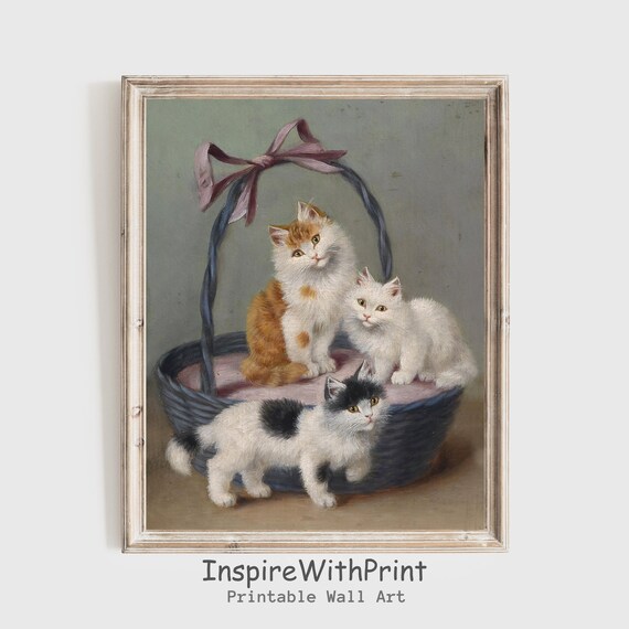 Three Kittens in a Basket Vintage Oil Painting Cute Cat Lover Poster