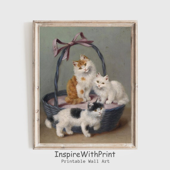 Vintage Cat Painting Kittens Wall Art Cats In The Basket Print Cute Decor Animal Lover