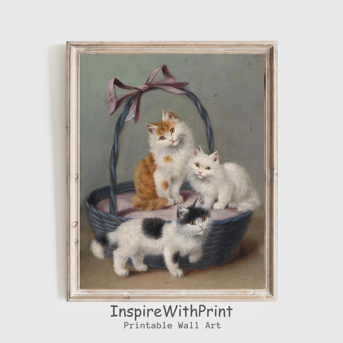 Three Kittens in a Basket Vintage Oil Painting Cute Cat Lover Poster
