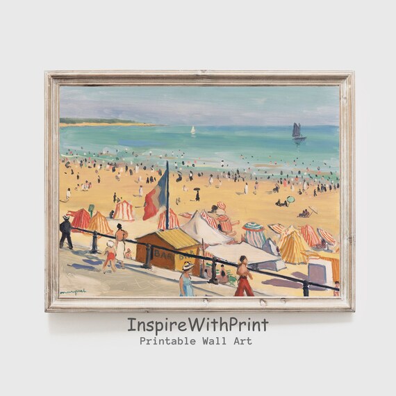Vintage Beach Bathers Summer Oil Painting Crowded Seaside Scene Poster