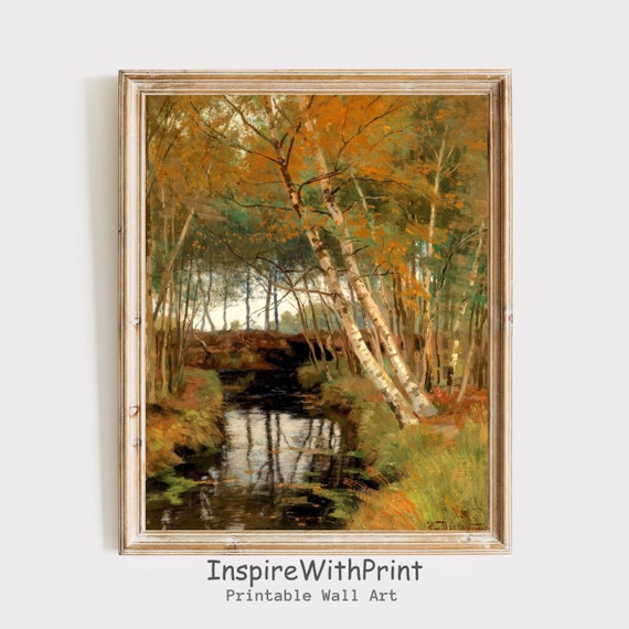 Vintage Autumn Landscape Print Fall Trees Wall Art Moody Scenery Nature Painting Decor