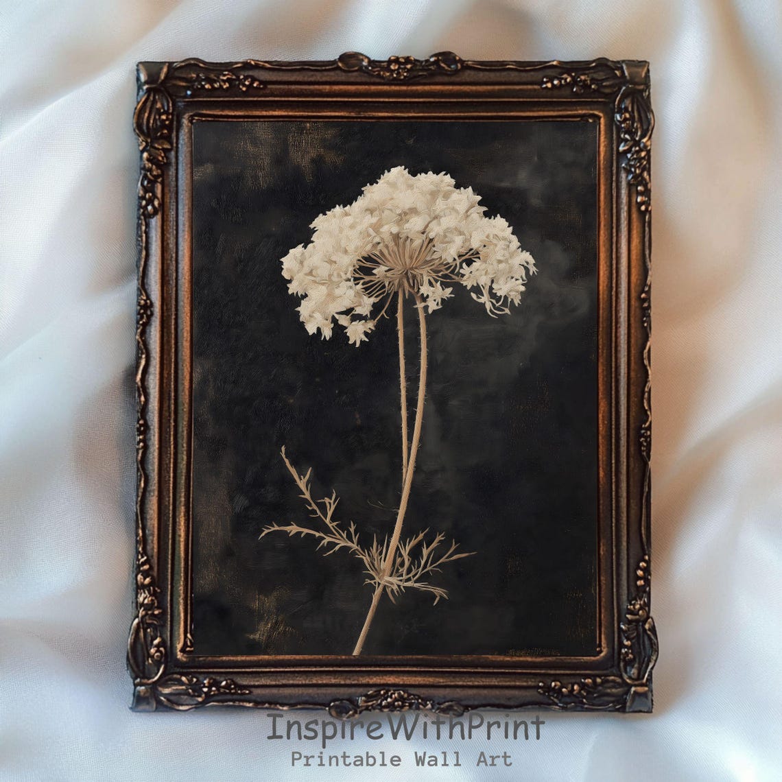 White Wildflower on Black Vintage Dark Moody Botanical Art Poster