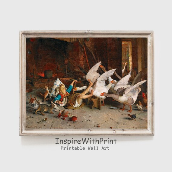 Vintage Farmyard Geese Chasing Girl Classic Oil Painting Poster