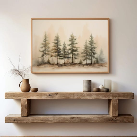 Winter Pine Forest Watercolor Painting Rustic Christmas Wall Art Moody Decor Snowy Trees Landscape Tree Print