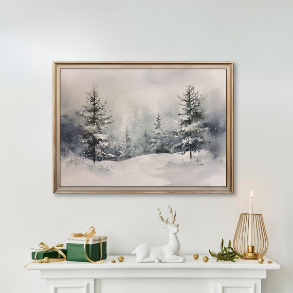 Twin Snow-Laden Pines in Misty Winter Watercolor Scene Poster