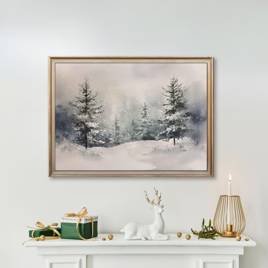 Twin Snow-Laden Pines in Misty Winter Watercolor Scene Poster