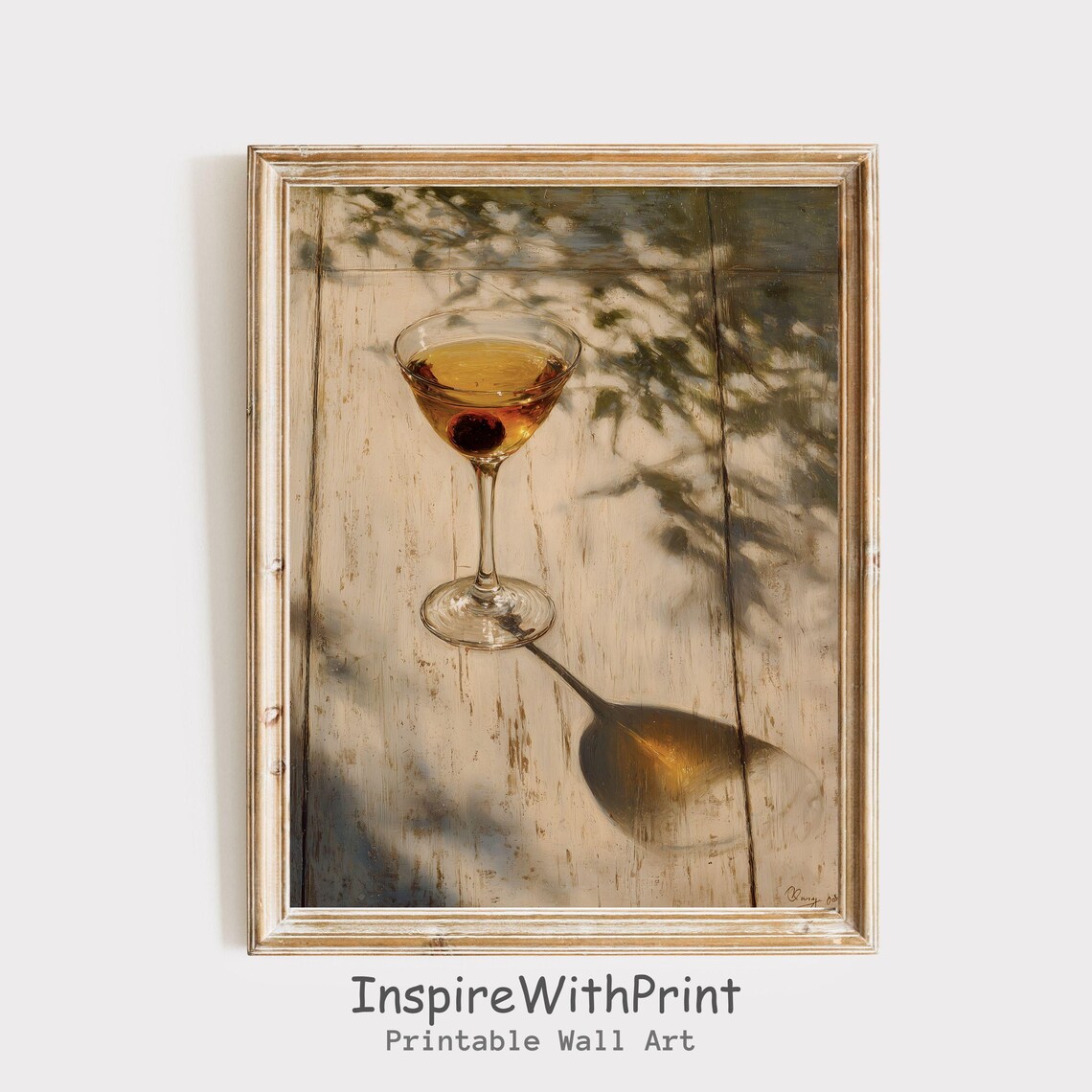 Golden Coupe Cocktail With Cherry Dappled Sunlight Still Life Art Print