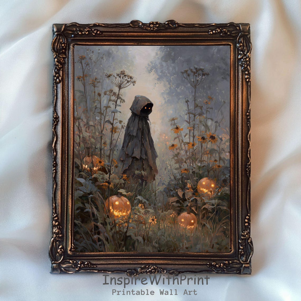 Spooky Hooded Figure Jack O Lanterns Halloween Painting Poster