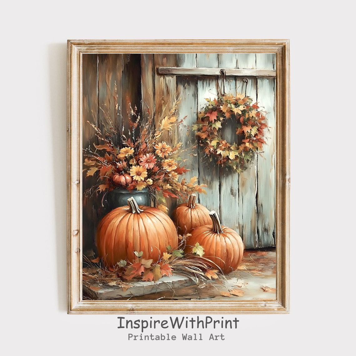Pumpkins Autumn Wreath Rustic Barn Door Fall Botanical Print