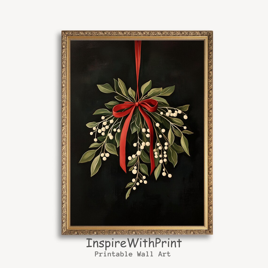 Vintage Christmas Mistletoe Art Print, Rustic Holiday