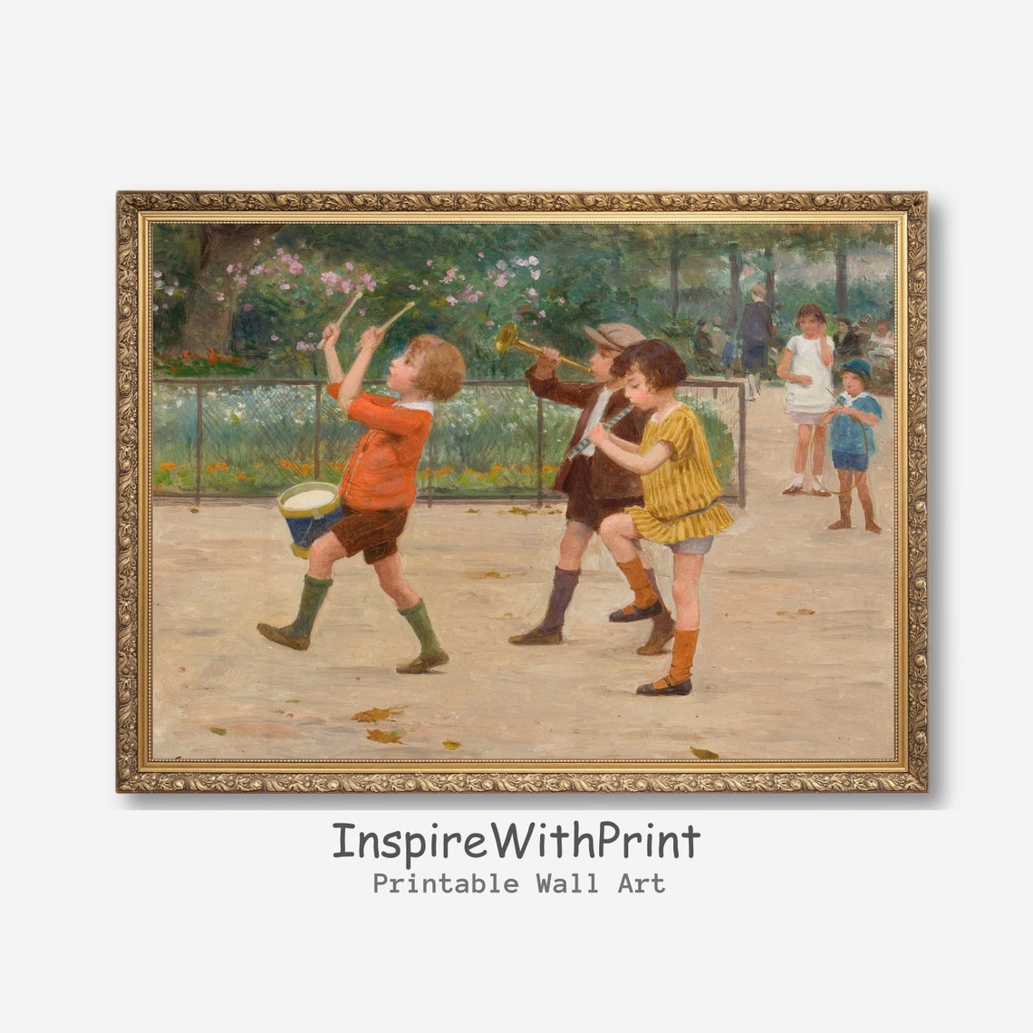 Vintage Children Playing Music In The Park Classic Painting Poster