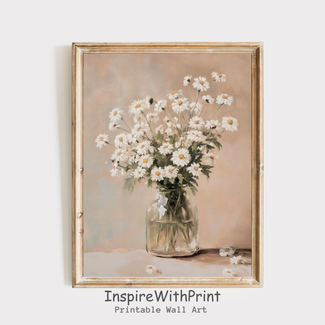 White Daisies in Glass Vase Vintage Floral Oil Painting Poster