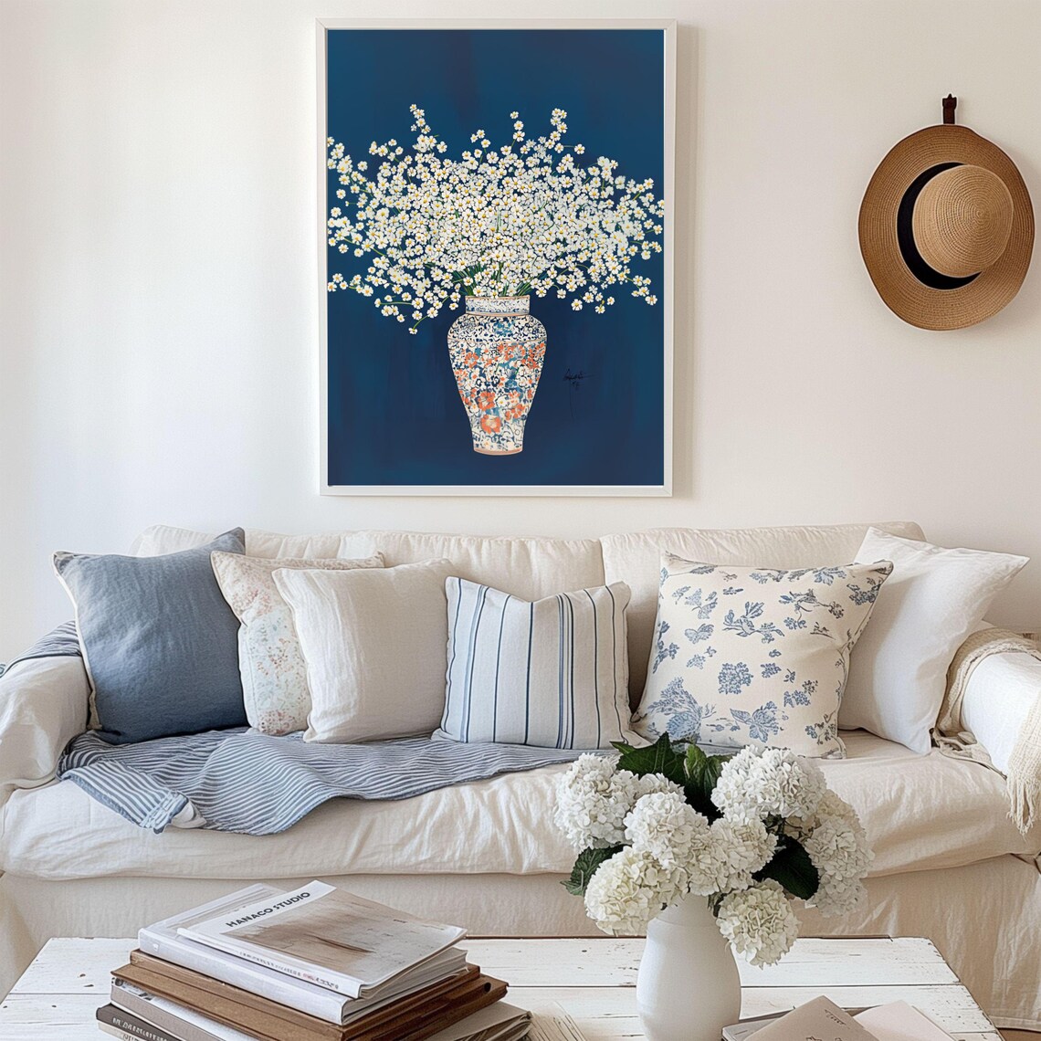 Chamomile Flower Bouquet In Chinoiserie Vase, Art Print