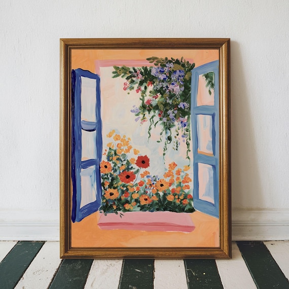 Colorful Open Window With Flower Garden Matisse Style Art Poster