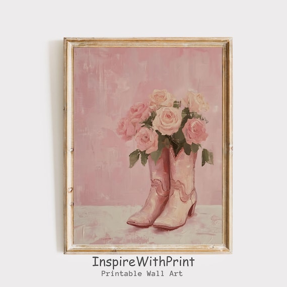 Pink Cowgirl Boots With Blush Rose Bouquet Coquette Western Wall Poster