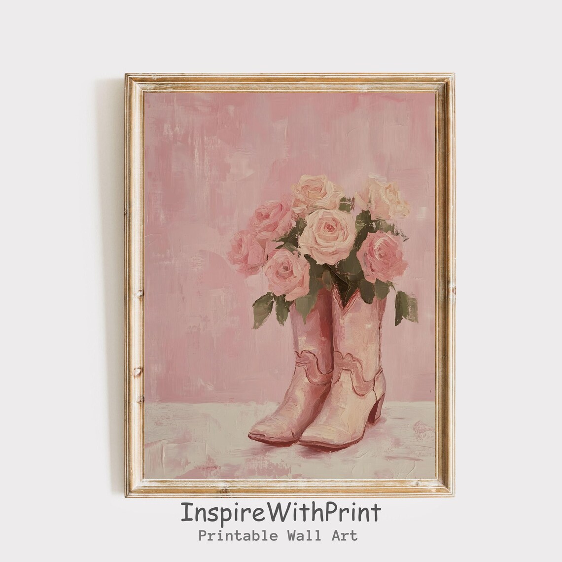 Pink Cowgirl Boots With Blush Rose Bouquet Coquette Western Wall Poster