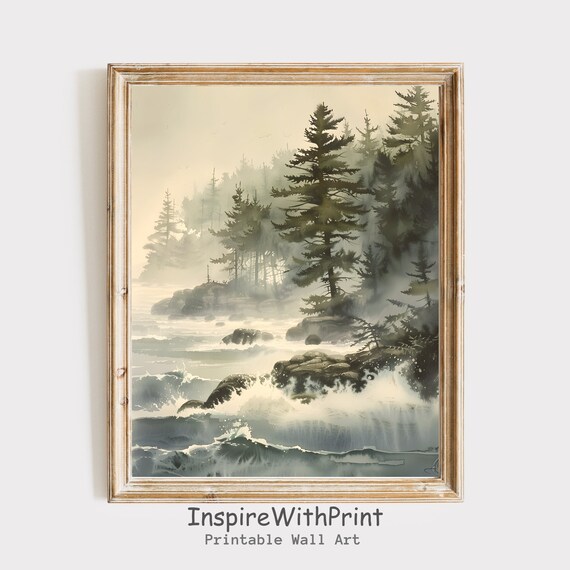 Foggy Coastal Pines Crashing Waves Watercolor Moody Seascape Art Print