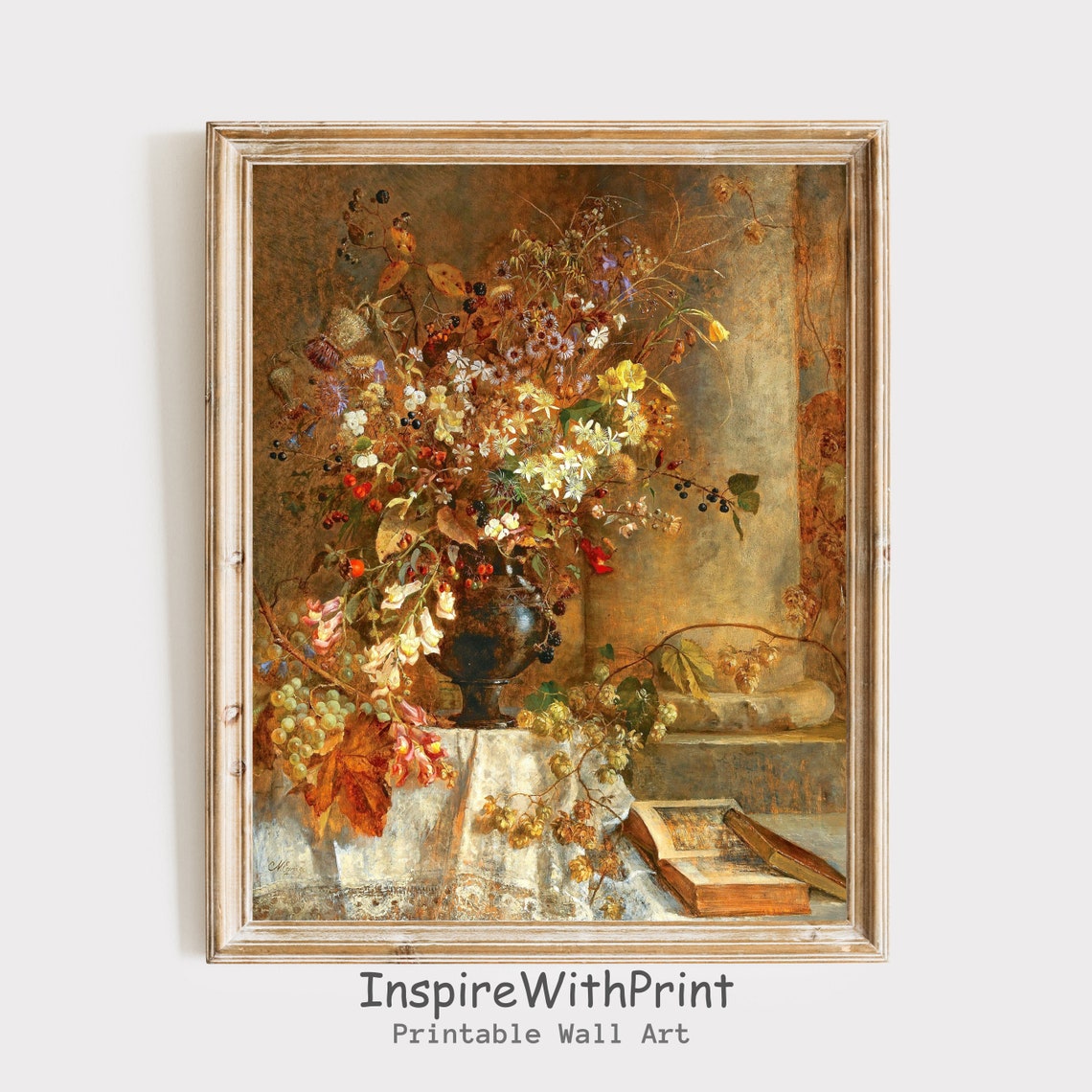 Autumn Wildflower Still Life with Grapes and Books Vintage Poster