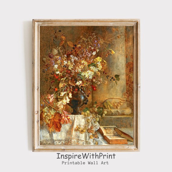 Autumn Wildflower Still Life with Grapes and Books Vintage Poster