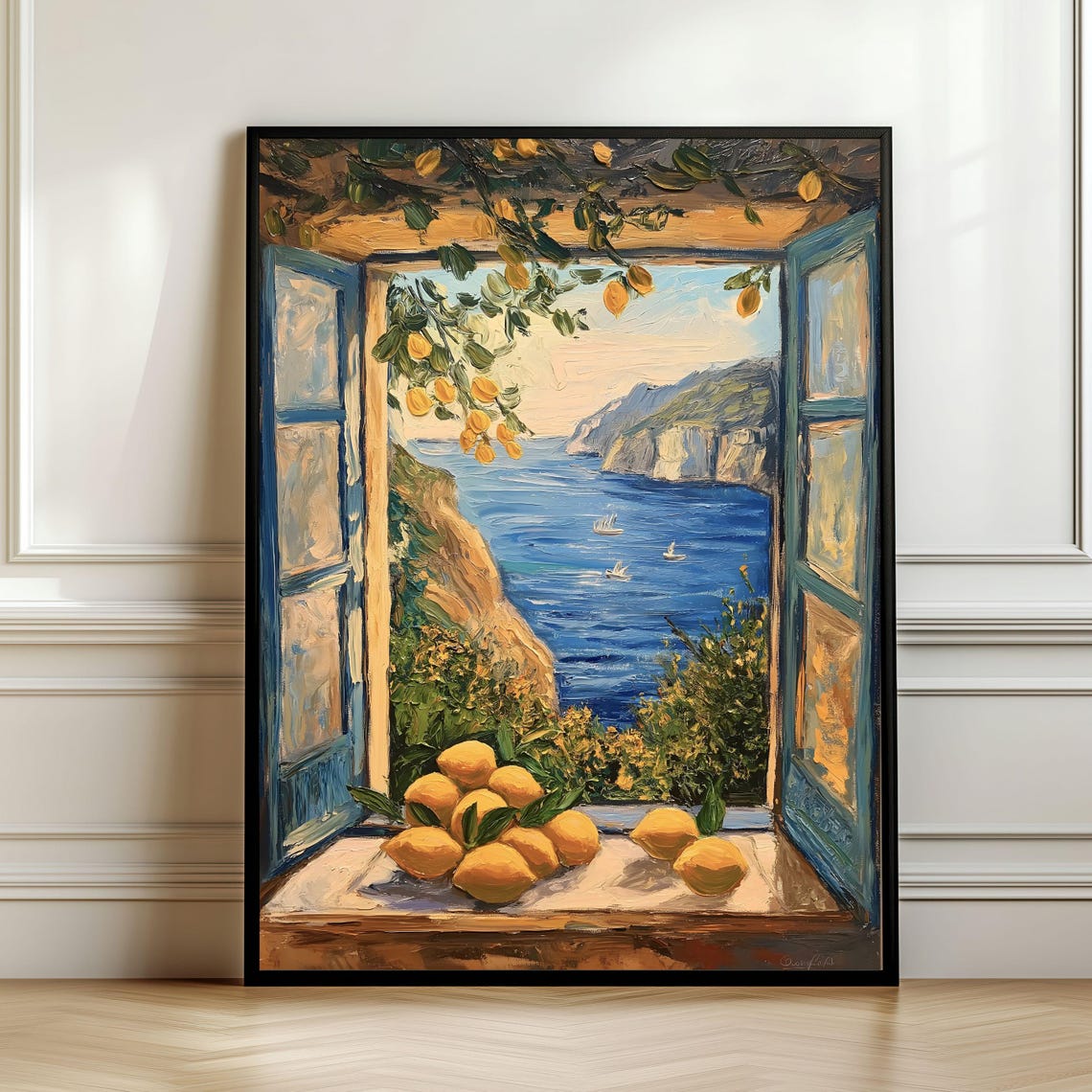Open Window with Lemons Overlooking the Mediterranean Sea Poster
